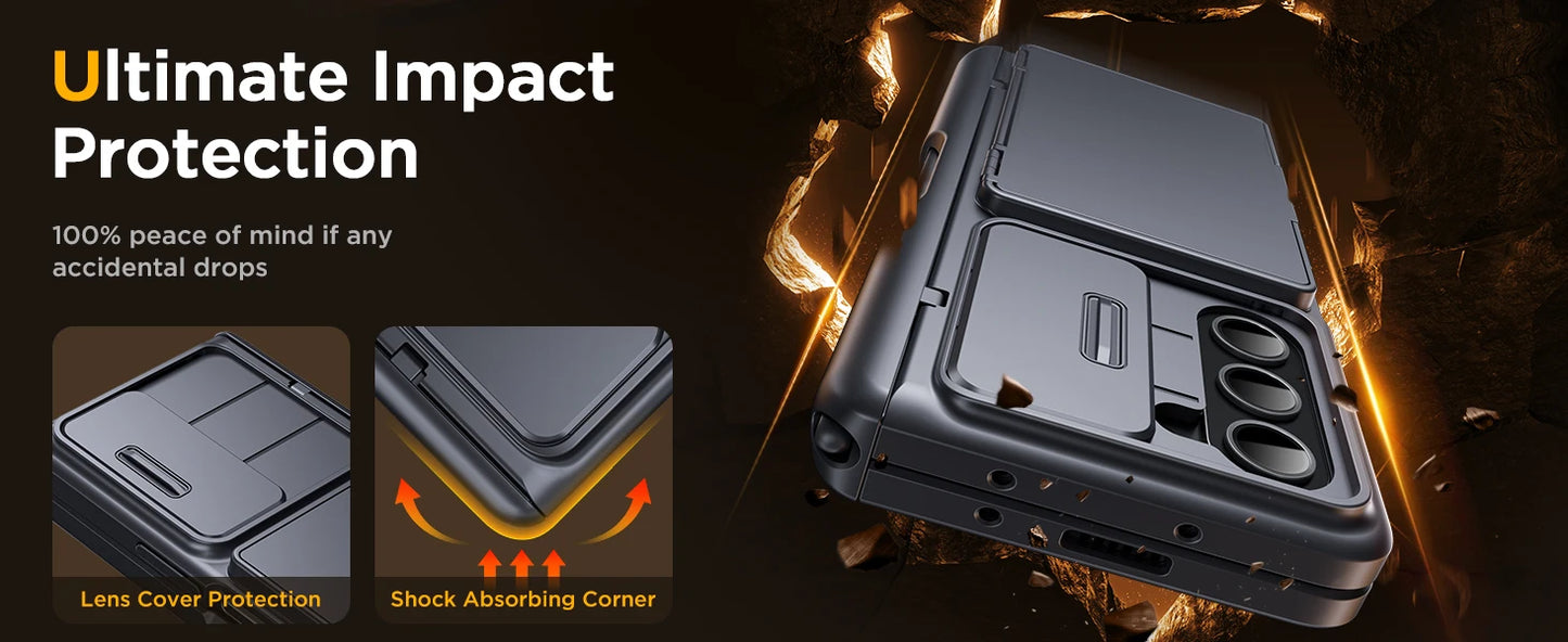 For Z Fold 6 Case with Secure Card Holder Sliding Camera Cover Rugged Hinge Protection Wallet Phone Case Glass Screen Protector