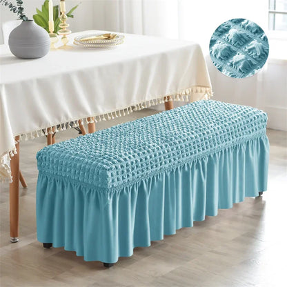 Stretch Long Bench Cover with Skirt Seersucker Ottoman Covers Elastic Piano Stool Protector Bedroom Bedside Footrest Slipcovers