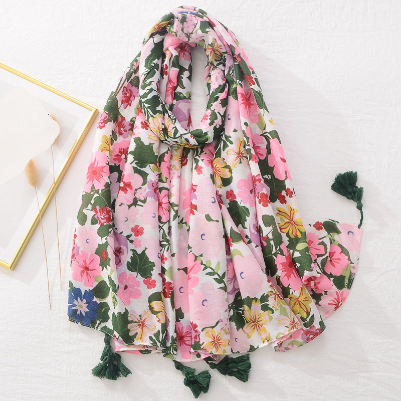 Spring Scarf Pink Blue Floral Paisley Printed Scarves Women Lady Girl Cotton Linen Bohemian Scarf For Summer Beach Shawl Bandana