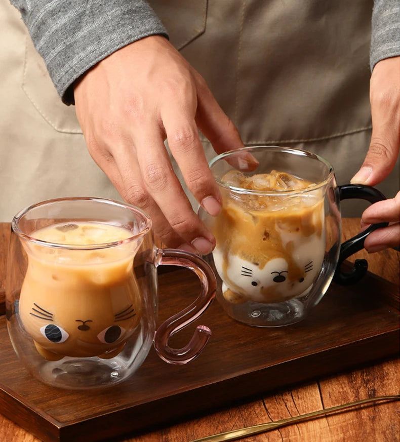 250ml Cartoon Cat Double Wall Glass Cute Coffee Tea Cup Heat-resistant Coffee Mug Handle Espresso Cup For Latte Cappuccino