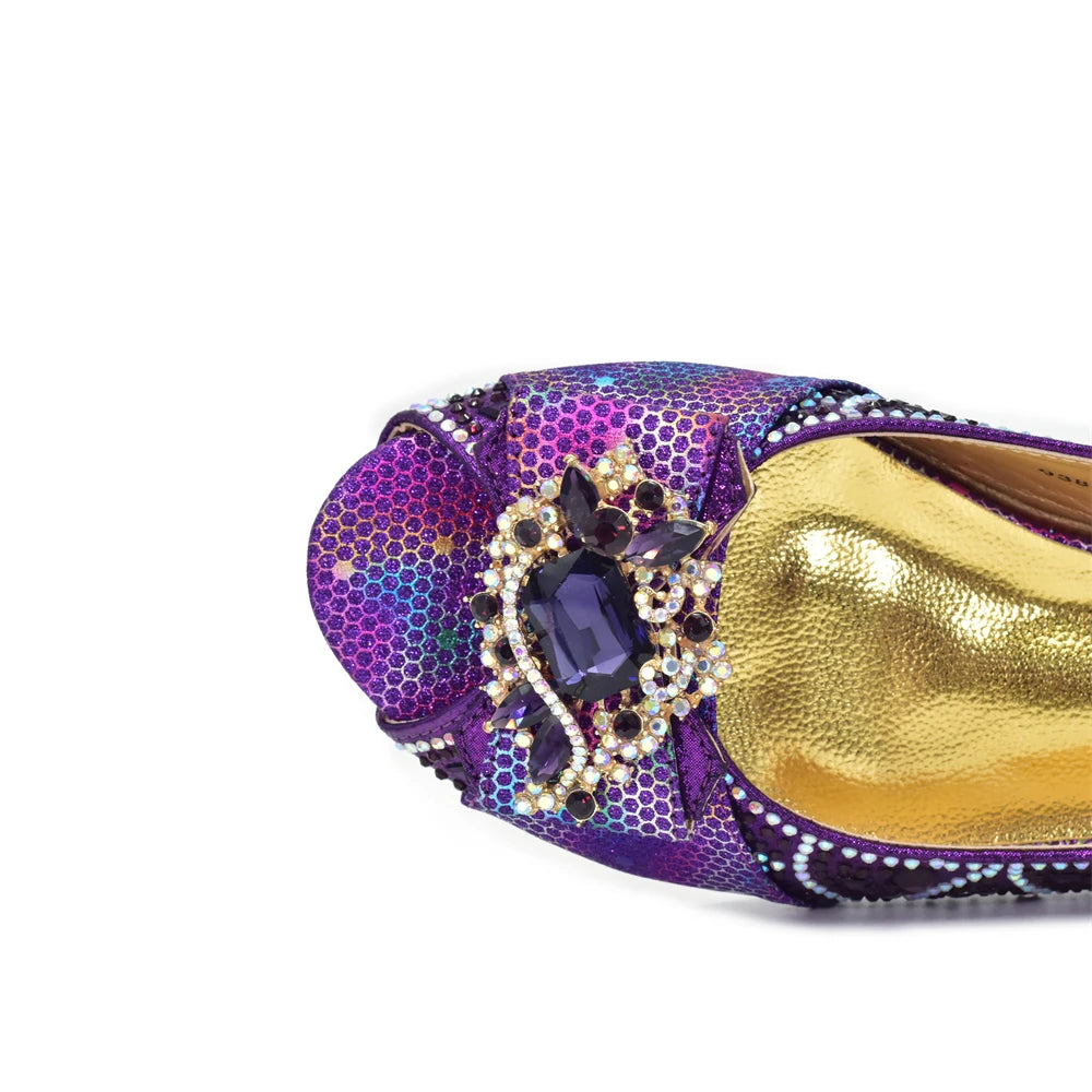 Pattern Popularity Newest Sandals Ladies Shoes and Bag Set Full Diamond Fashion Design Purple Color Pumps for Wedding Party
