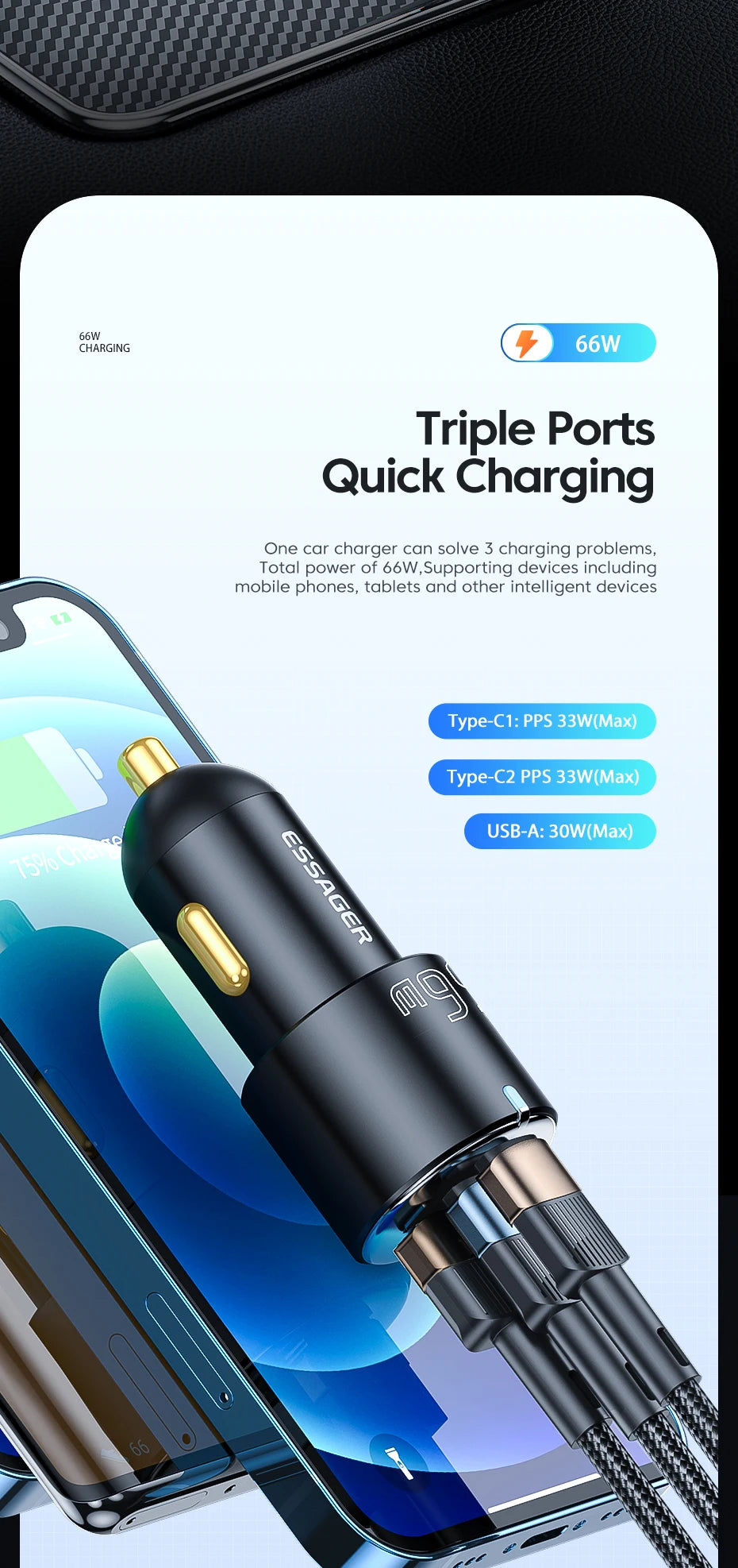 66W USB-C + USB-A Fast Car Charger (PD + QC 3.0)