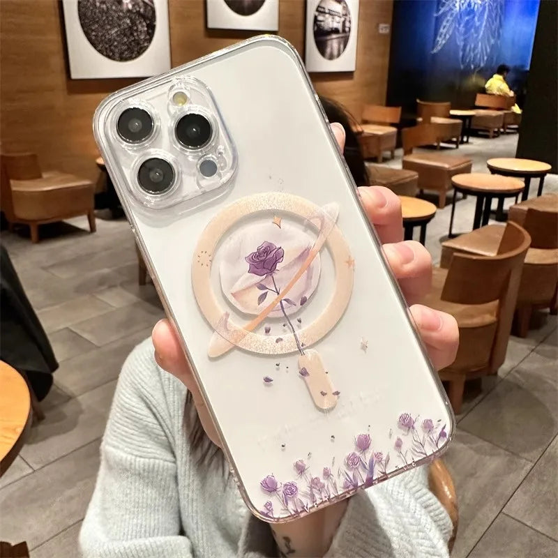 Magsafe  Transparent Cartoon Rose Flower Phone Case iPhone 16 15 14 Pro Max 16 Plus Wireless Charge Clear Funda