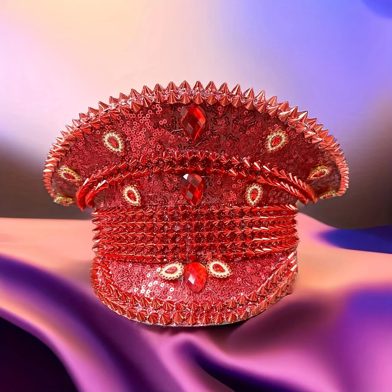 Red Rhinestone Luxury Festival Captain Hat Wedding Military Captain Hats Steampunk Caps Punk Rivets Sergeant Hat Masquerade