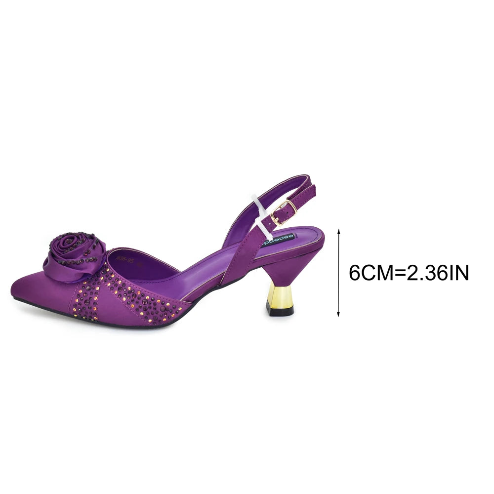 Italian Wedding Matching Shoes and Bags Decorated with Handmade Flowers Diamonds Pointed Toe Women Pumps with Purse