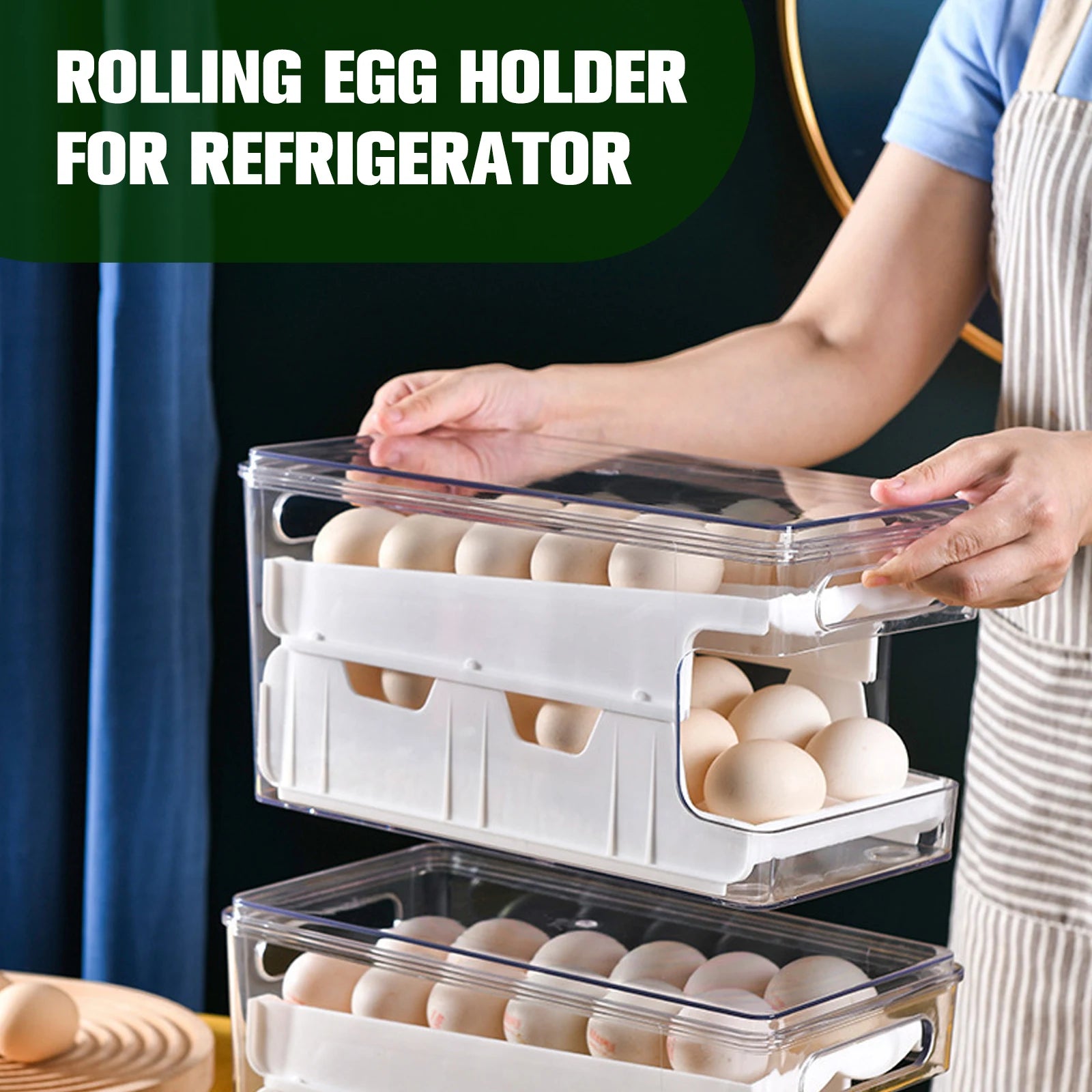 2-Layer 24-Egg Storage Container – Automatic Rolling Egg Holder Space-Saving Refrigerator Organizer
