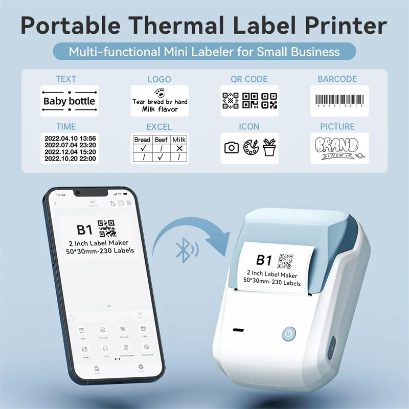 B1 Thermal Label Printer, Bluetooth Portable Sticker Maker 20–50mm, Inkless Barcode Price Tag Label Machine for Business & Food