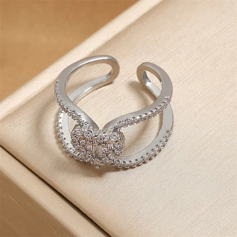 Exquisite Double Layer Cross Open Rings for Women Korean Fashion Heart Cubic Zircon Bridal Ring