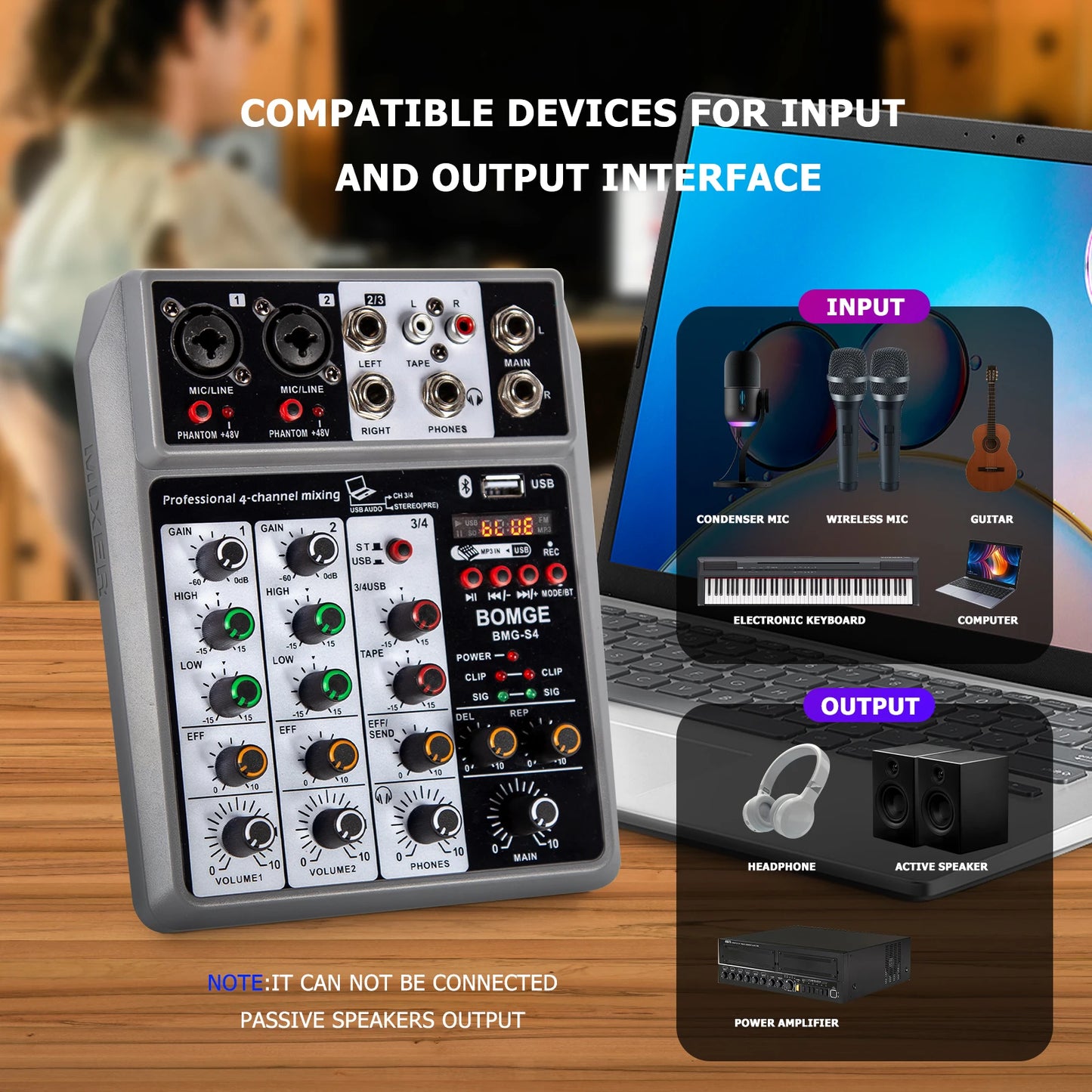 Professional 4 Channel Audio Mixer with USB Bluetooth Echo Delay and 48V Phantom Power