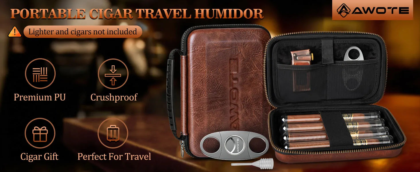Leather Travel Cigar Humidor with 4 Cigar Tube and Cigar Cutter,Cigar Accessories Gift Set for Men,Lighter not included