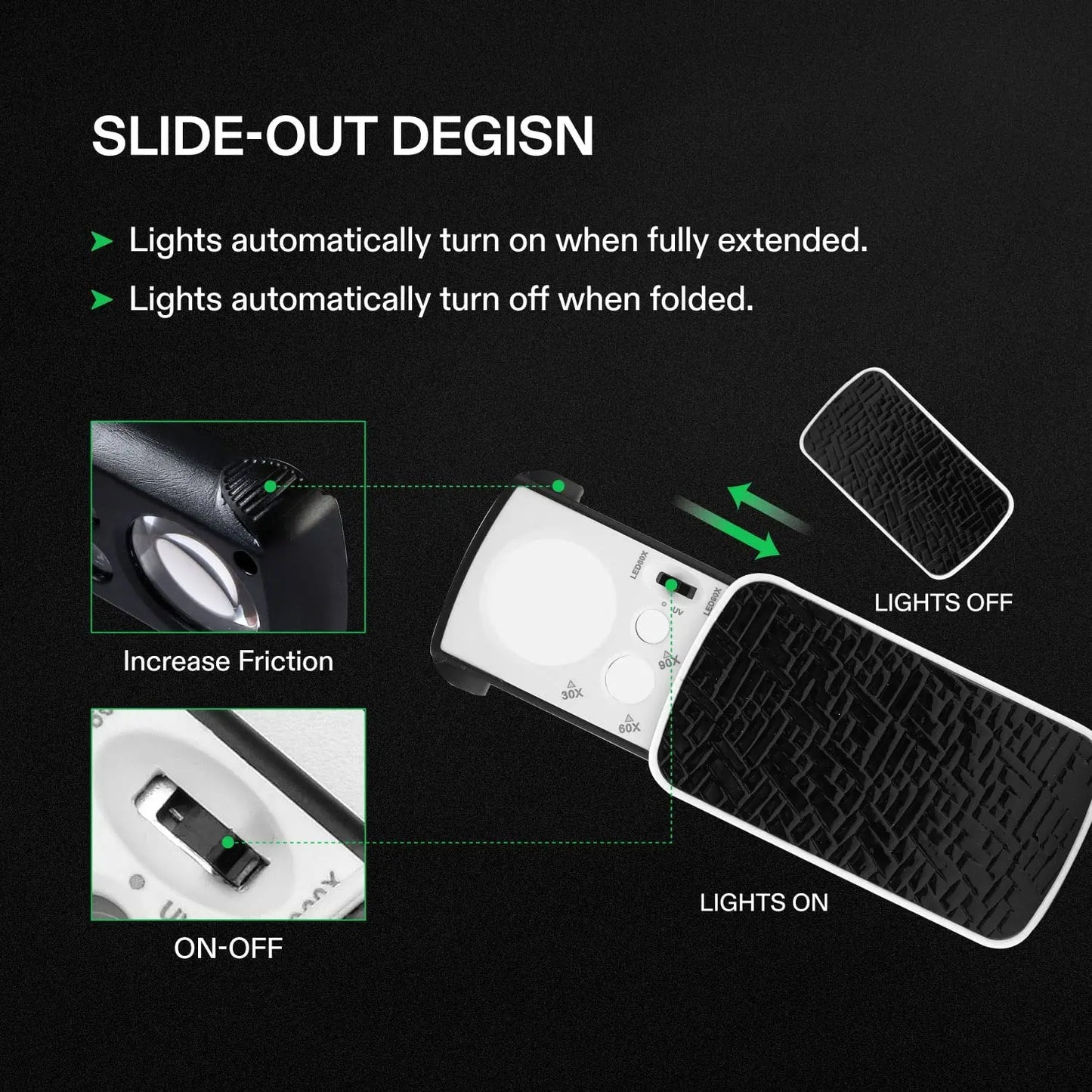 30X 60X 90X LED UV Jewelry Loupe Slide-Out Pocket Magnifier