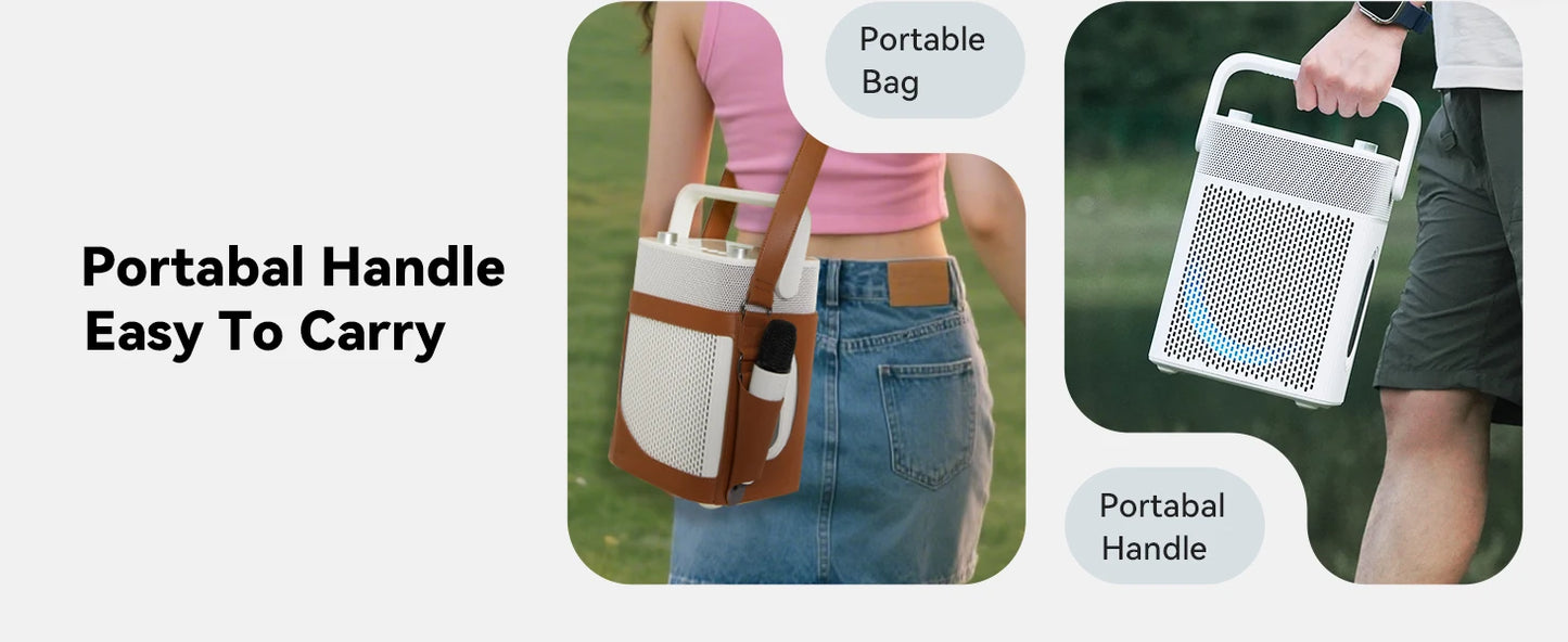 Portable Karaoke Machine with 2 UHF Wireless Microphones, Bluetooth Speaker with Leather Bag, IPX4 Waterproof, 18H Playtime, Extra Bass Sound