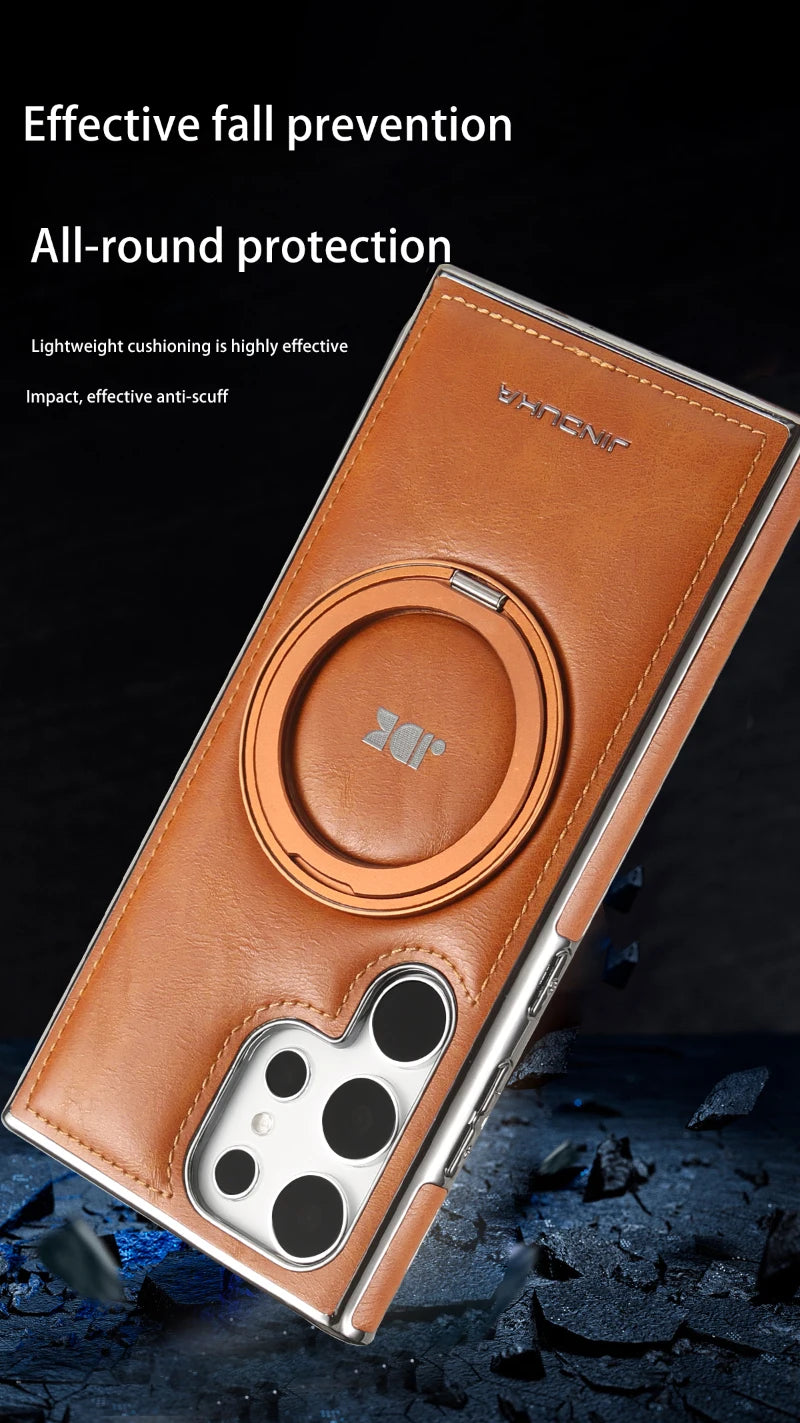 For Magsafe  360°Rotating Metal Car Bracket Ring Solid Color Leather Phone Case For Samsung S24 Ultra S22 S23 Ultra Plus