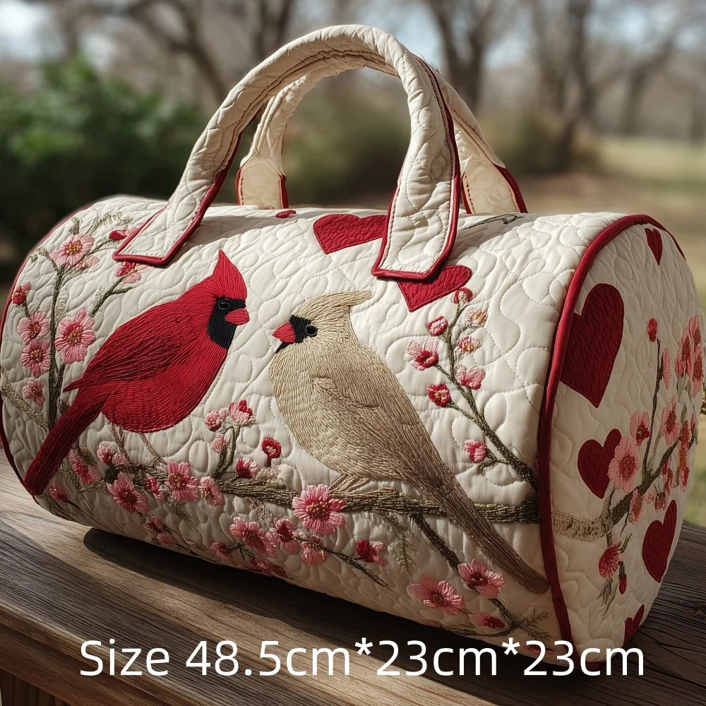 Trending Vintage 3D Quilted Travel Bag Cardinal Bird Floral Printed  Durable Weekend Gym Trip Beach Bag Carry on Tote for Women