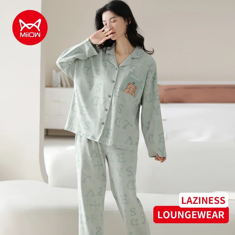 Women’s Winter 100% Cotton Pajama Set – Loose Fit, Turn-Down Collar, Long Sleeves, Cute Pink