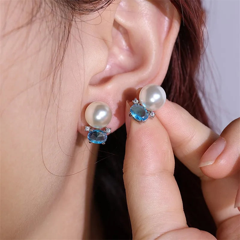 Cute Blue Oval Cubic Zirconia Stud Earrings for Women Small Imitation Pearl Earring