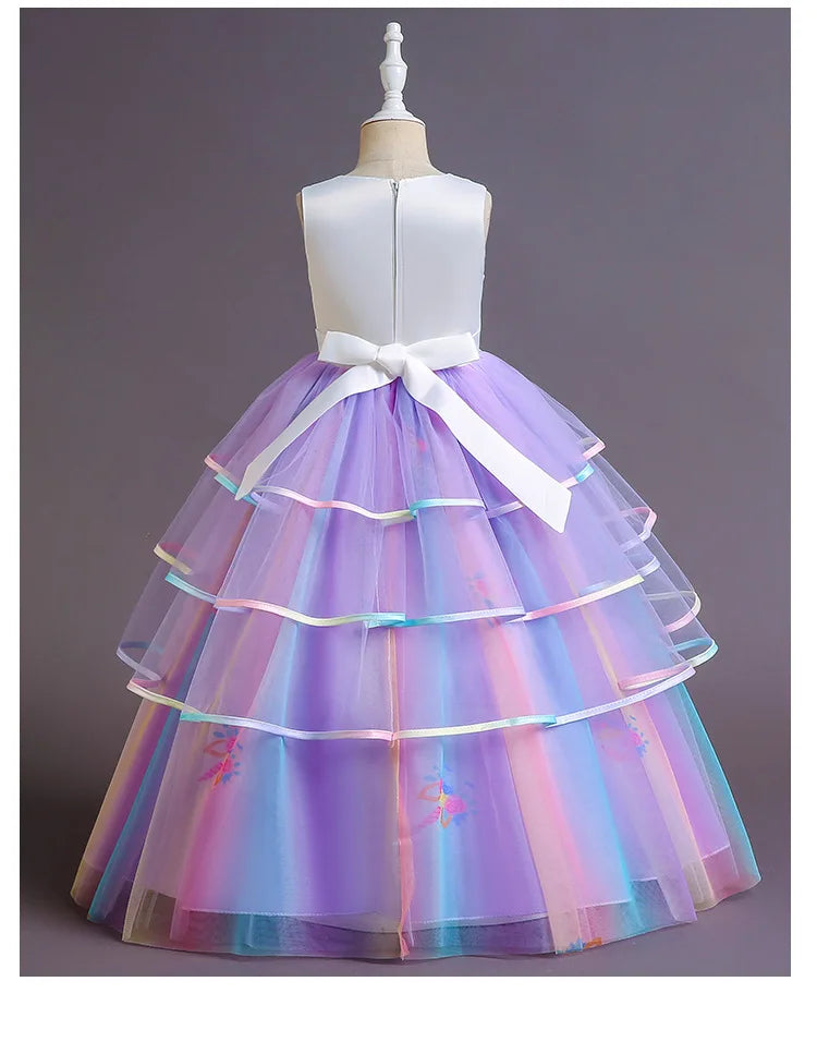 Elegant Princess Lace Dress Kids Flower Embroidery Dresses For Girls Vintage Children Costume for Christmas Party Pink Ball Gown