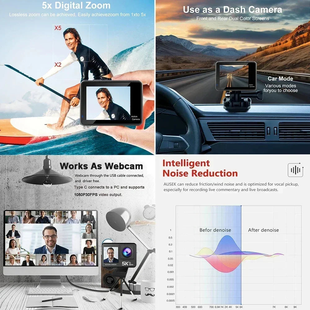 5K 4K60FPS Action Camera 50MP Dual Screen Touch Display WiFi EIS Waterproof Sports Camera with Wireless Microphone Support