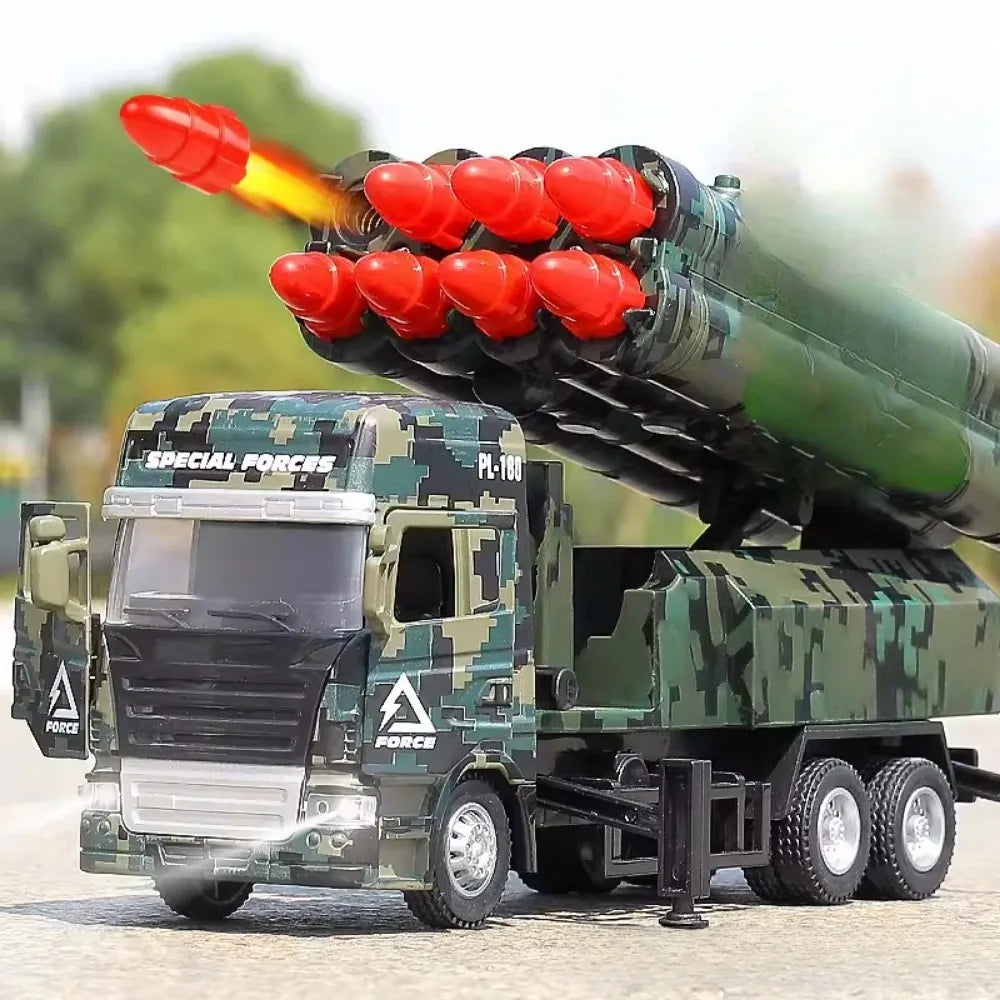 1/32 Missile Rocket Launcher Model Car Toy Metal Body Rubber Doors Opened Military Alloy Vehicle Models Ornaments Gifts for Boys