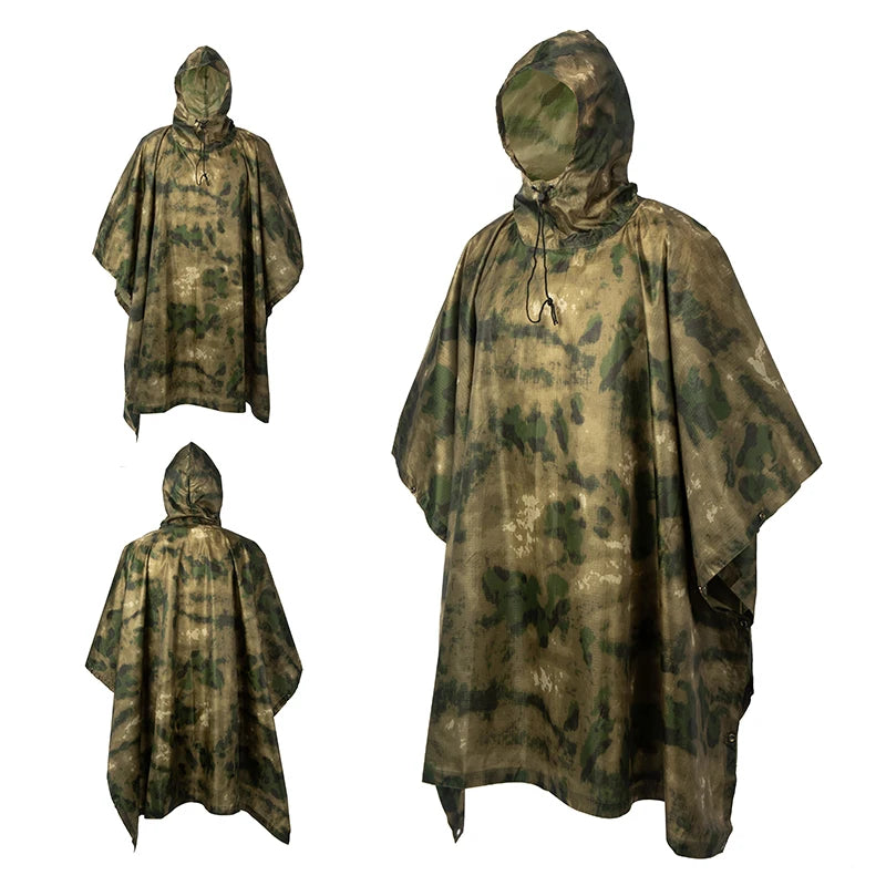 Waterproof Military Style Rain Poncho with Hood for Hiking and Camping
