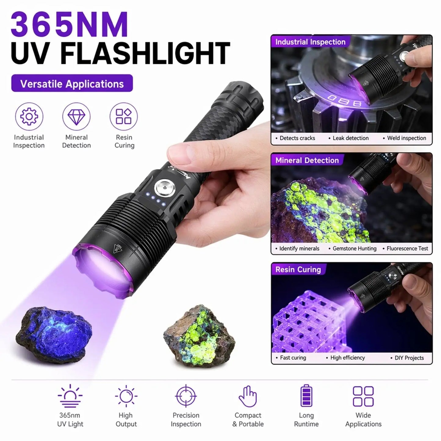 40W 365nm UV Rechargeable Blacklight Flashlight