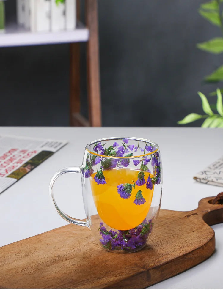 Double Wall Glass Coffee Mugs Double Insulated Glass Cup 350ml Flower Design