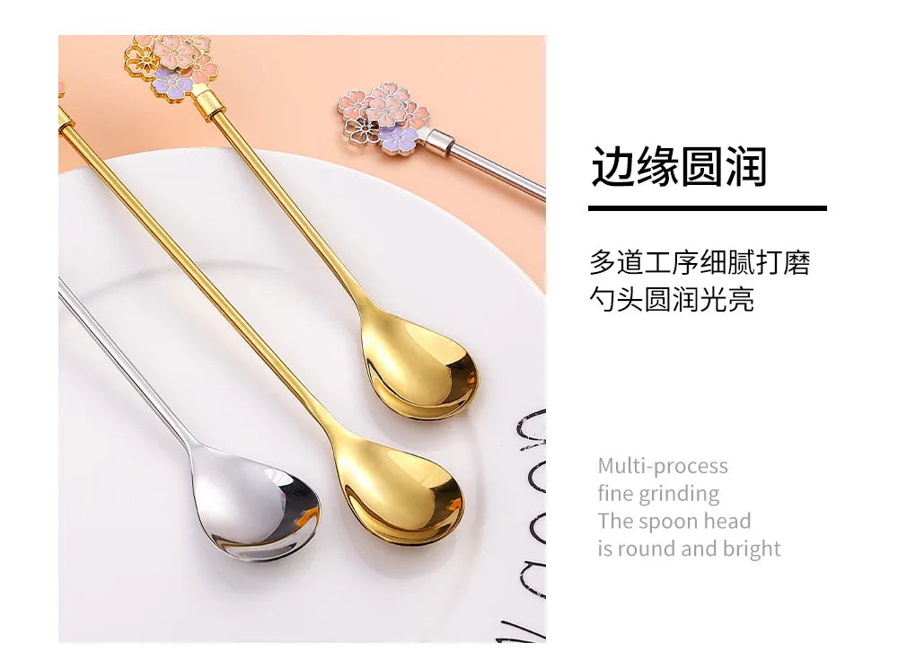 Colorful Cherry Spoons Long Handle Dessert Spoon 304 Stainless Steel Petal Teaspoons Catoon Blossom Star Fish Shape Home Decor