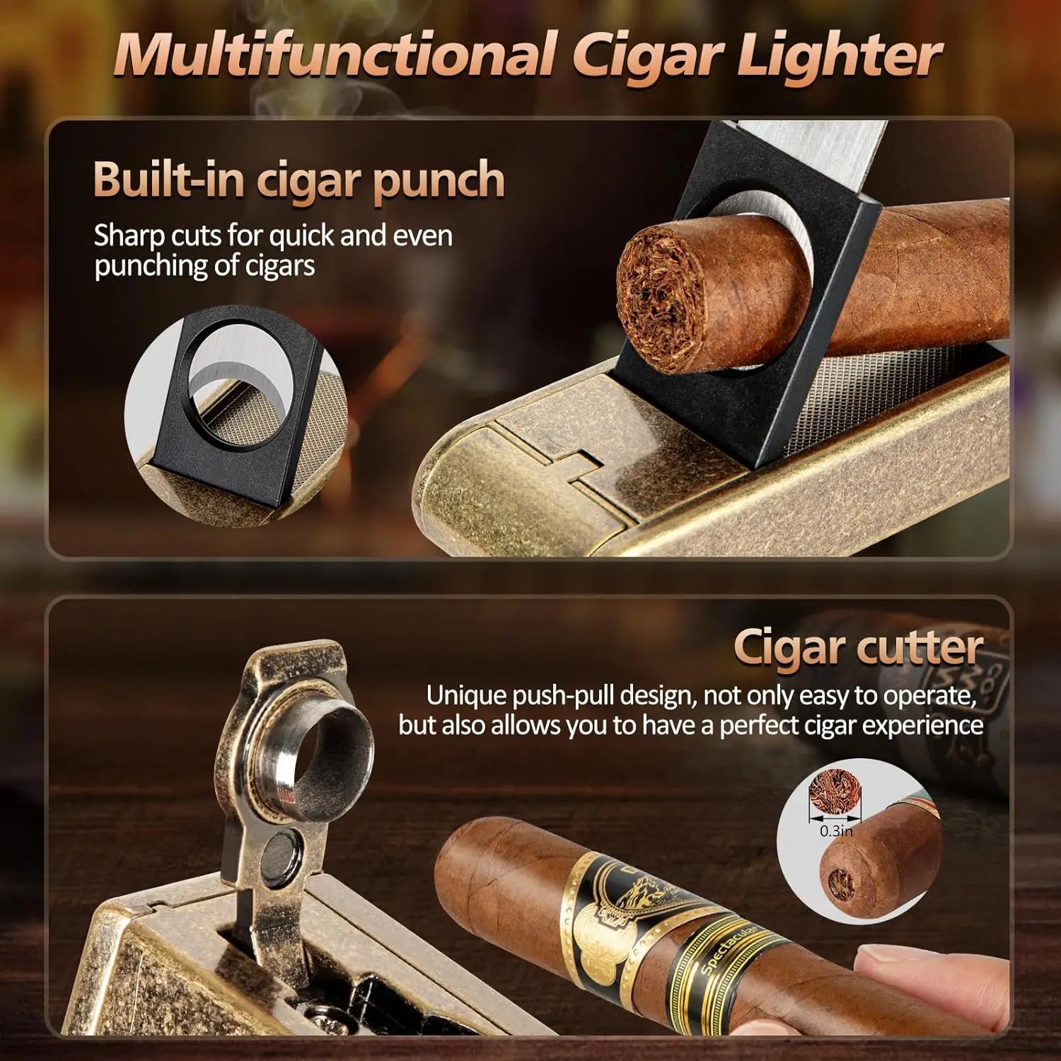 Leather Cigar Humidor with Cigar Lighter,Built-in Straight Cigar Cutter and Cigar Punch,Humidifier and Cedar Tray