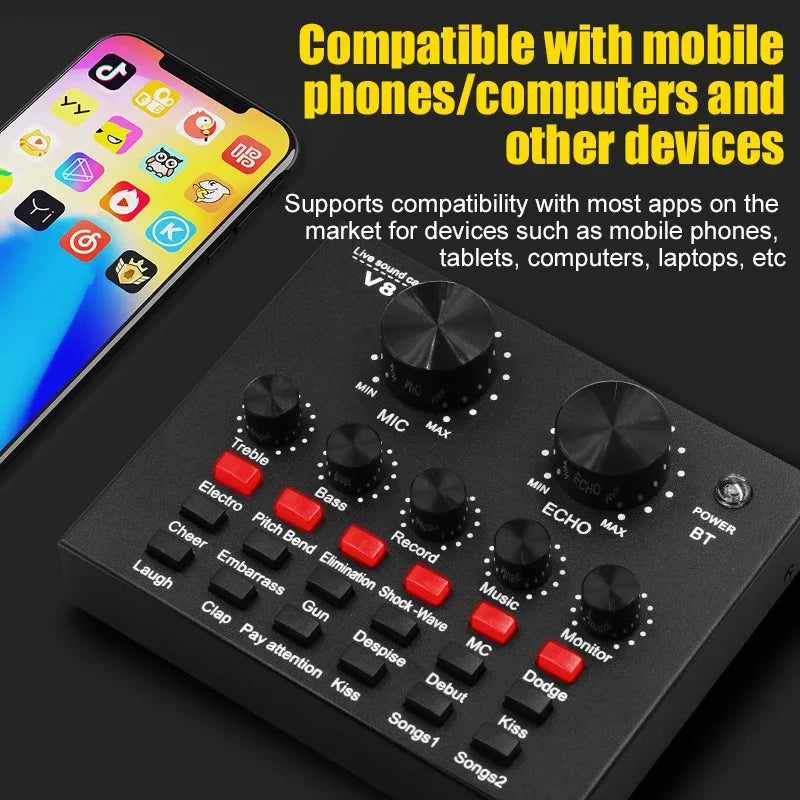 V8 USB Audio Mixer Sound Card For Live Streaming Podcast And Recording