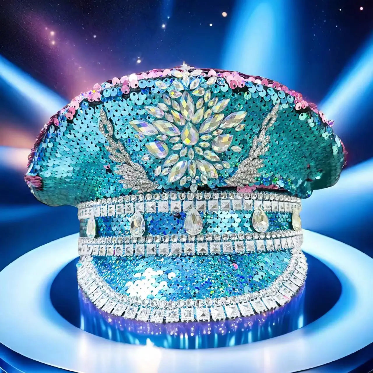 Burning Man Military hats Blue purple sequined Rhinestone Navy hats suitable for Festival Beach Outdoor Halloween Hat