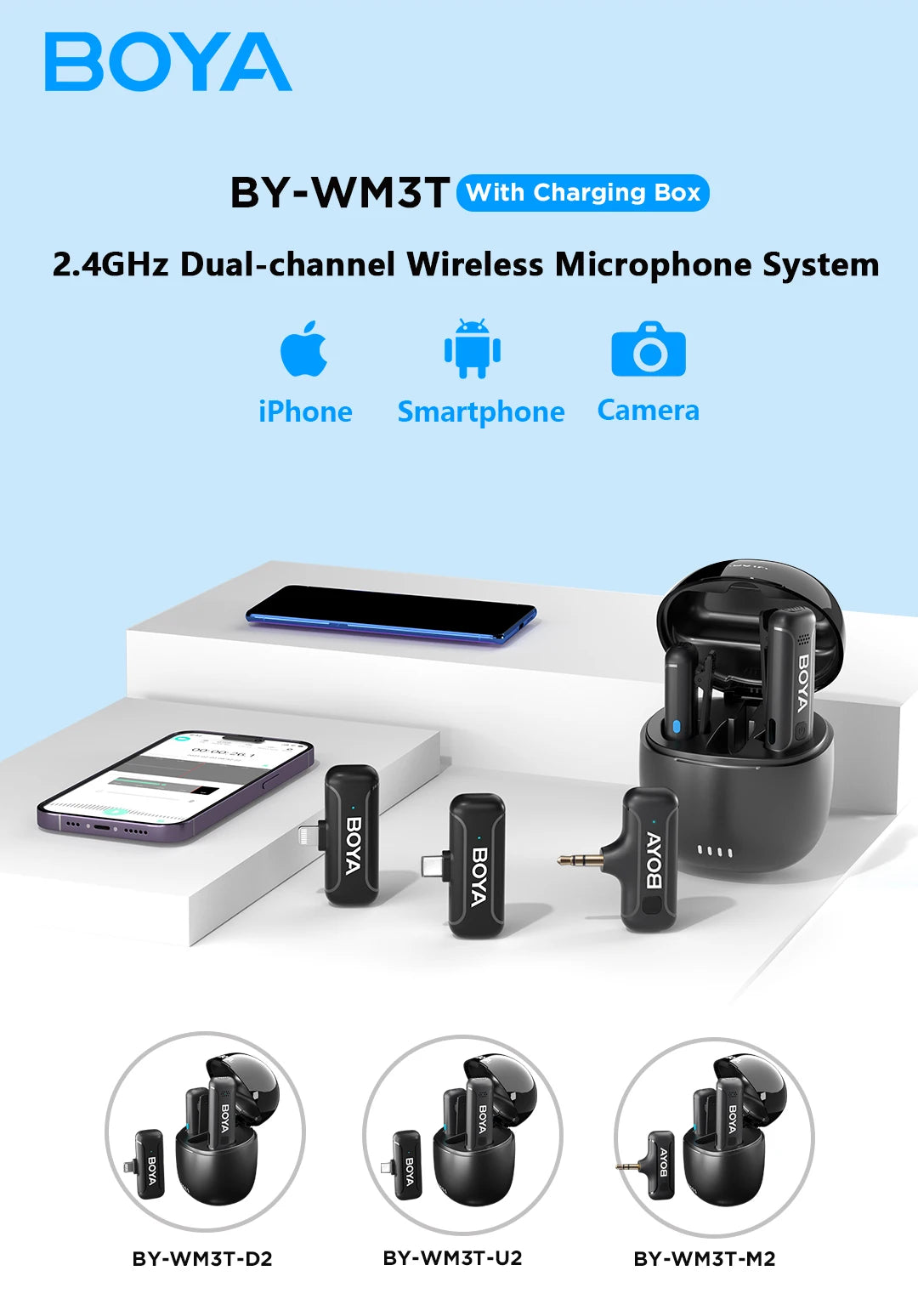 BY-WM3T Wireless Lavalier Lapel Microphone for iPhone Andriod Smartphone DSLR Cameras Live Streaming Youtube Recording Vlog