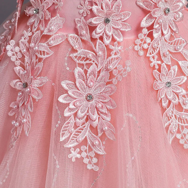 Summer Flower Girls Party Lace Dress Kids Long Princess Dress Mesh Children's Day Clothing Gowns for Girls for Wedding