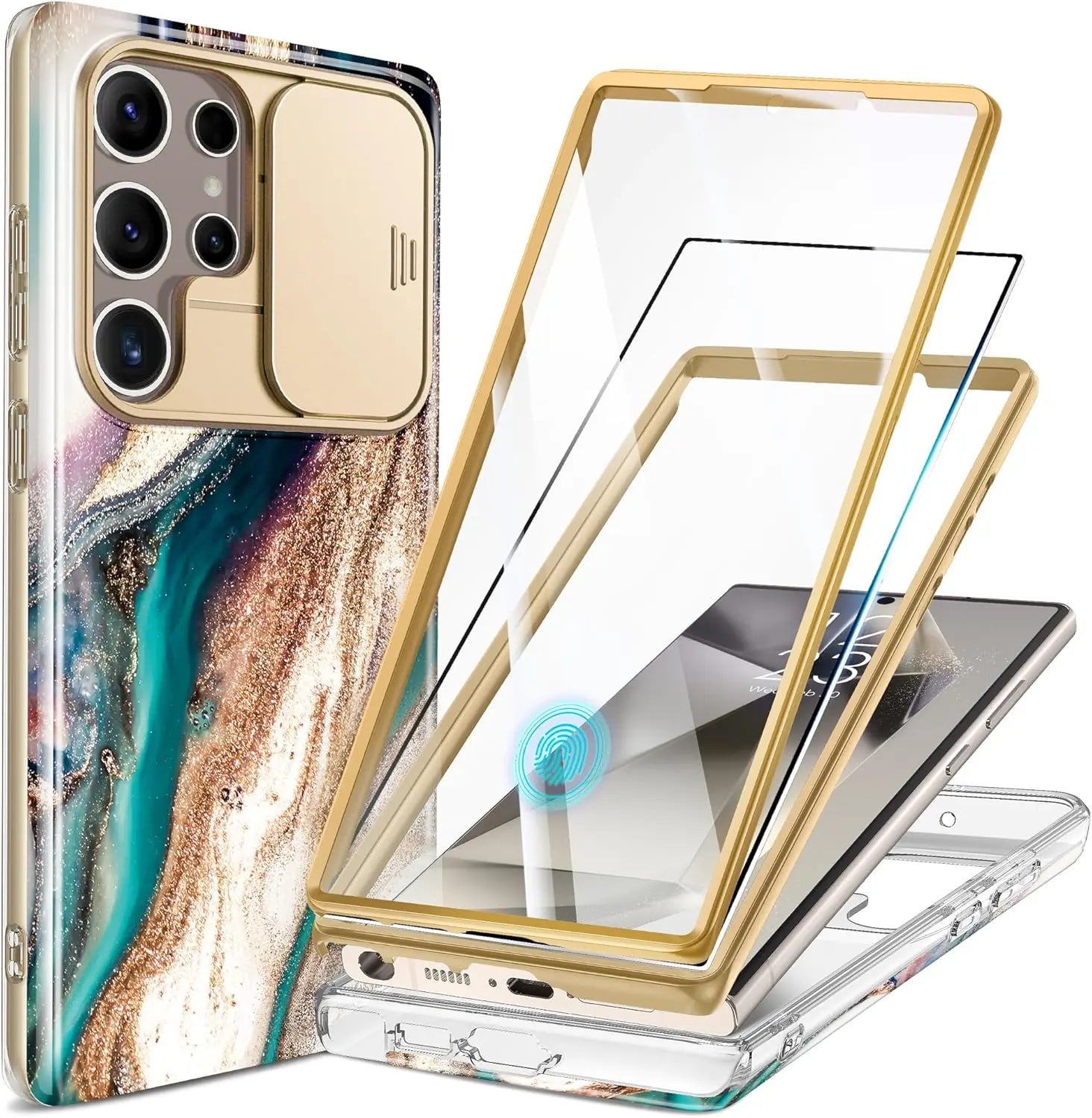 For Samsung Galaxy S24 Ultra Case with 2 Front Frames Slide Camera Lens Protection Heavy Duty Shockproof Marble Phone Case Cover