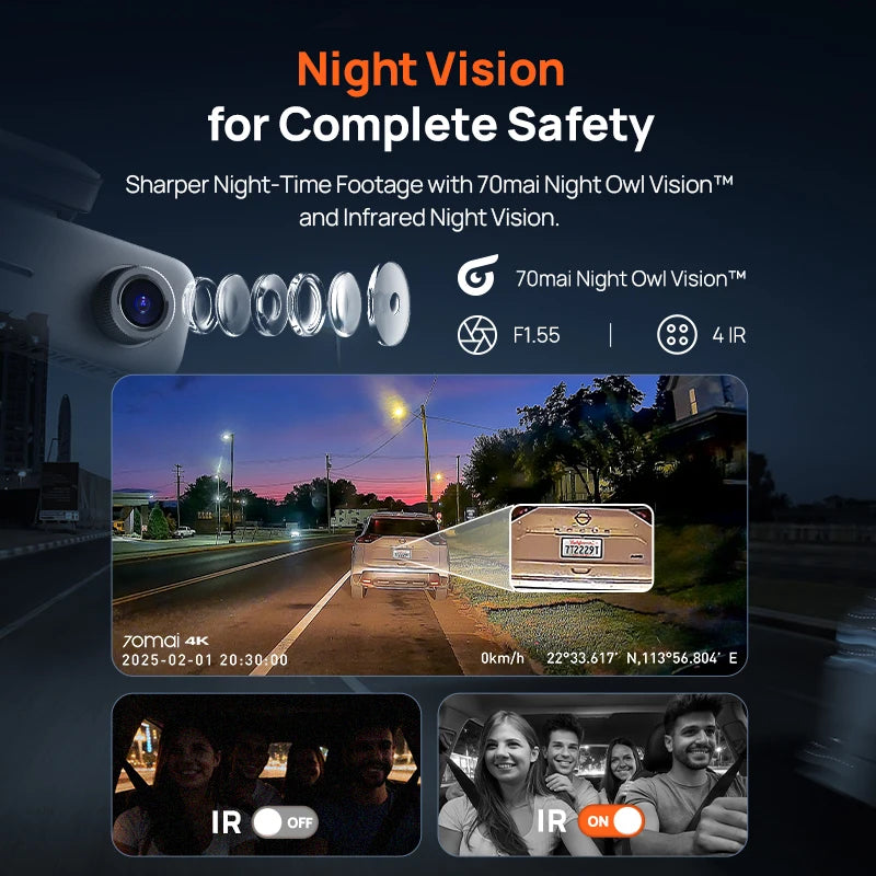 3‑Channel Dash Cam T800E 4K HDR Car DVR – Front Interior Rear Camera, F1.55 Aperture, GPS, Voice Control, WiFi 6, Supercapacitor
