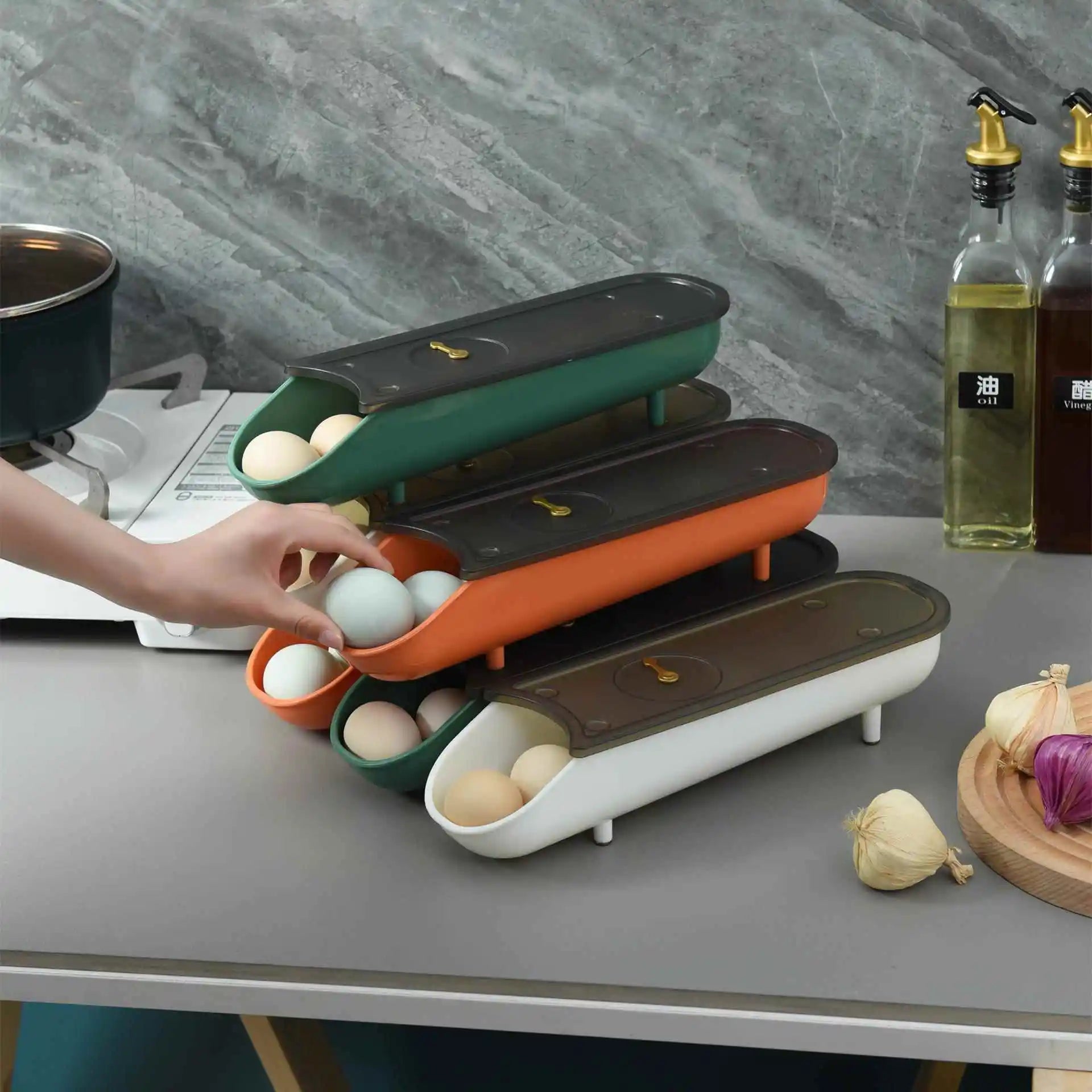 Refrigerator Egg Tray with Stable Timer & Cover – Automatic Egg Storage Box Home Food Organizer