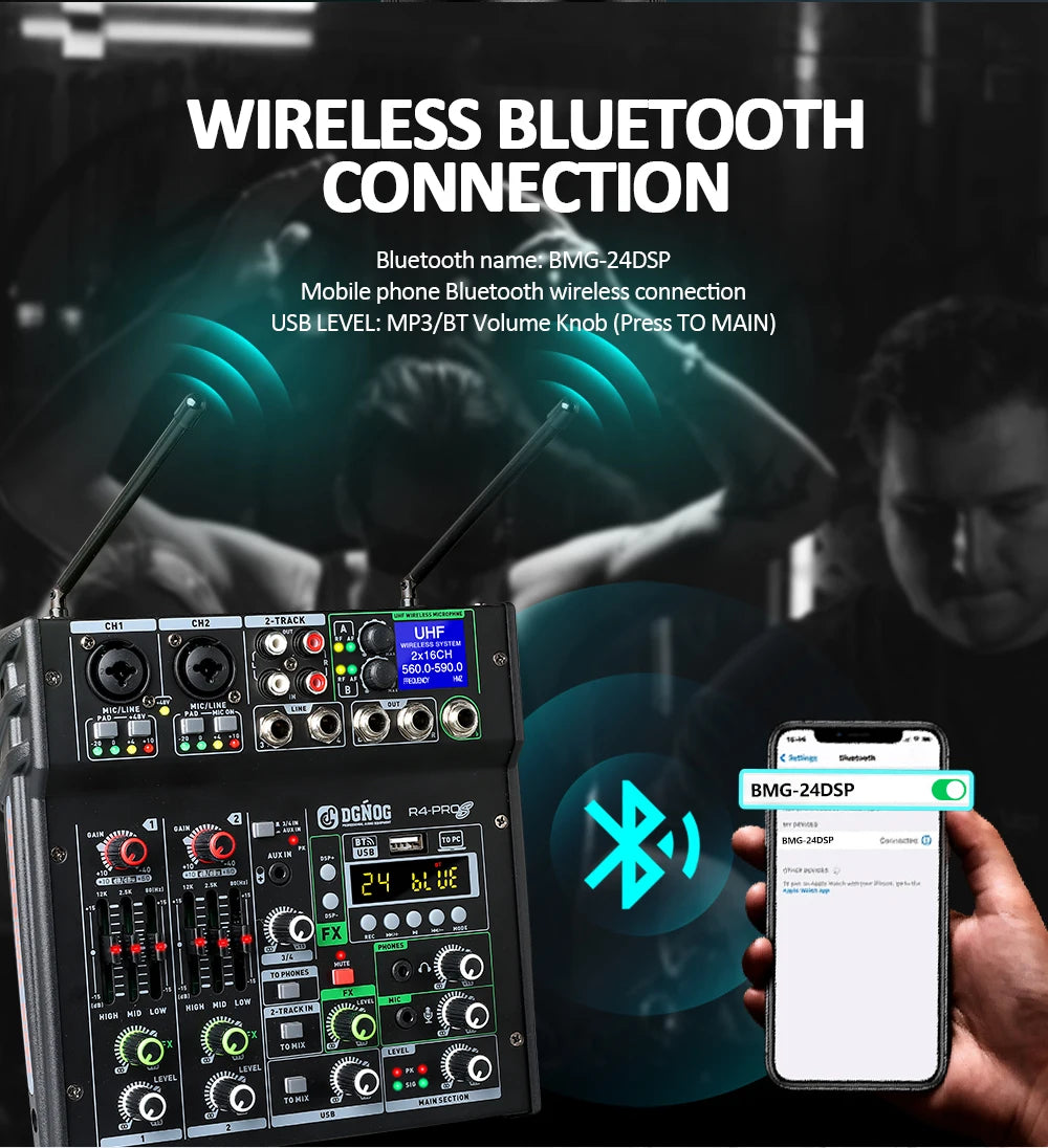 DGNOG Dual UHF Wireless Microphone DJ Audio Mixer 4 Channel Mixer Karaoke Mixer USB Bluetooth for Computer Recording Studio