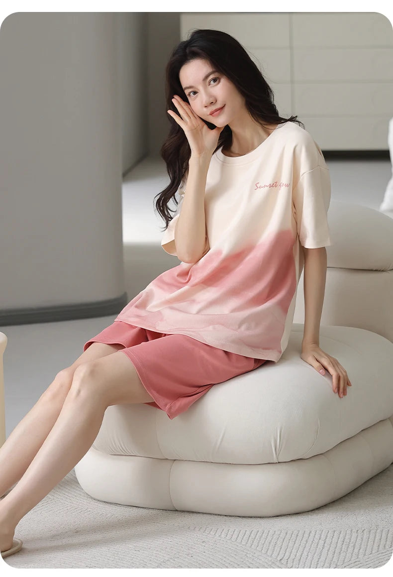 2-Pcs Women’s Cotton Pajama Set – Breathable Short Sleeve Summer Sleepwear with Cute Prints