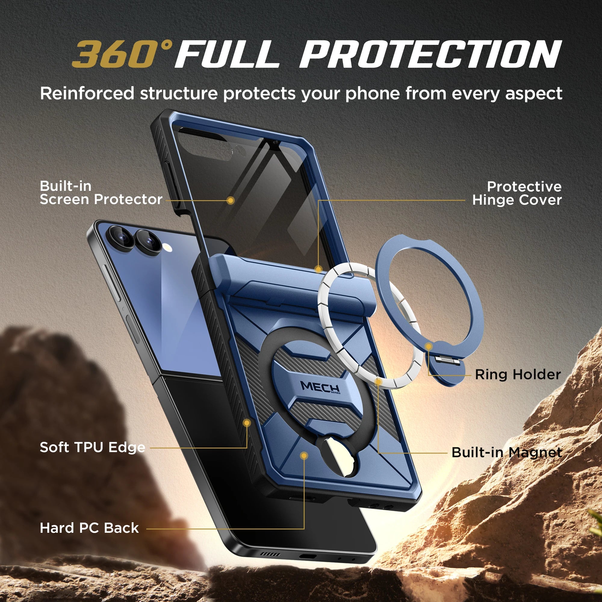 For Samsung Galaxy Z Flip 7 Case with 360° Spin  Ring Stand Built-in Privacy Screen Protector Full-Body Shockproof Cover