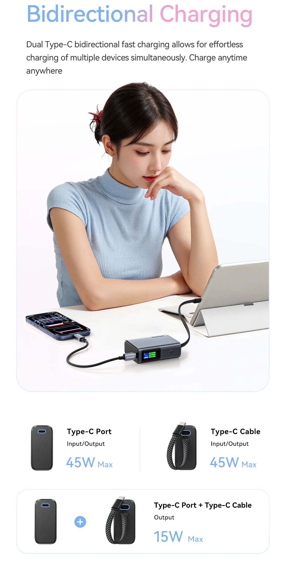 45W Power Bank 10000mAh Built-in USB C Cable Fast Charging Portable Battery with Digital Display