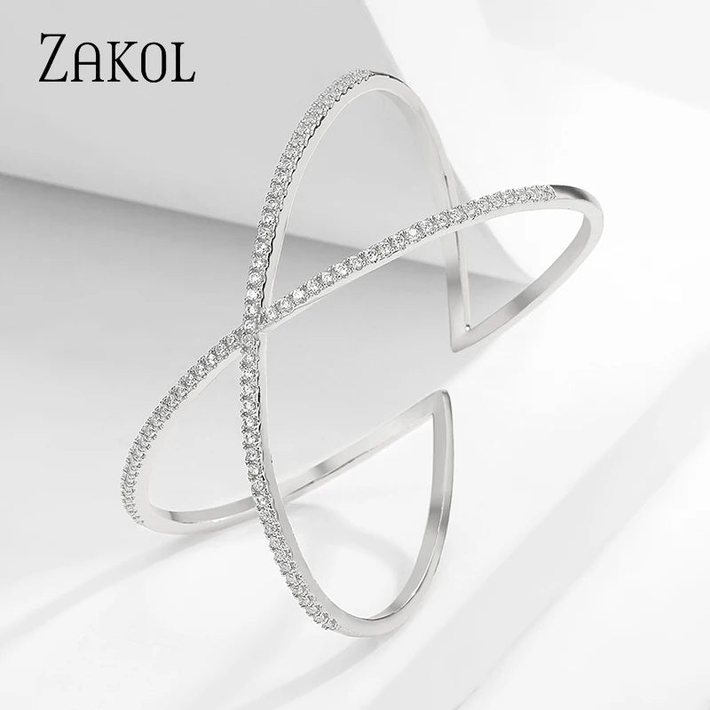 Luxury Cubic Zirconia X shape Cuff Bangles For Women Fashion Cross Girl