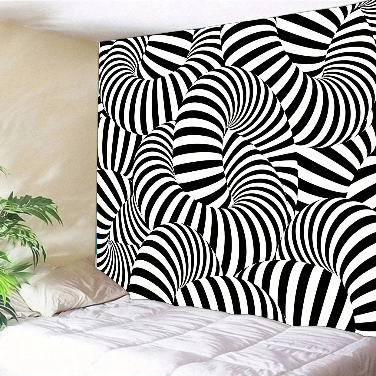 Optical Illusion Tapestry Distorted Cylinder Stripes Black and White Visual Modern Minimalist Style Living Room Decor