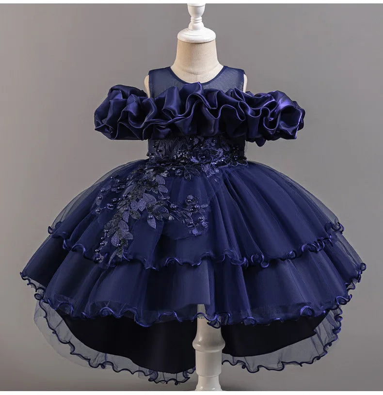 Luxury Off-Shoulder Gown with Train for Girls  Tulle Dress for Fashion Walk Show & Pageants