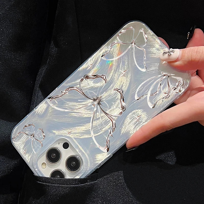 For iPhone 14 15 16 17 Pro Max Case Luxury Laser Silver Butterfly Phone Case for iPhone