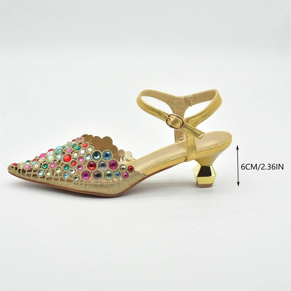 Italian Shoes and Bags Matching Set Rhinestones African Pointed Toe Women High Heel Evening Party Pumps Wedding Shoes Bride