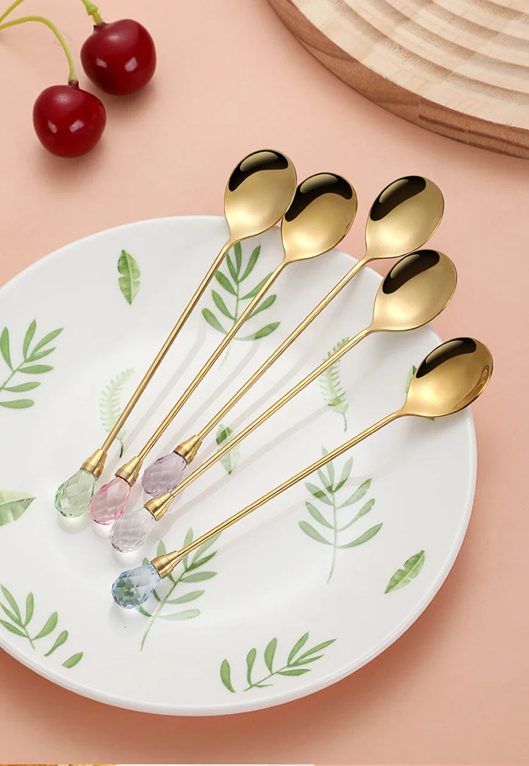 Stainless Steel Diamond Coffee Spoon and Fork Set Creative Crystal Long Handle, Perfect for Desserts, Ice Cream, Cake, and Fruit