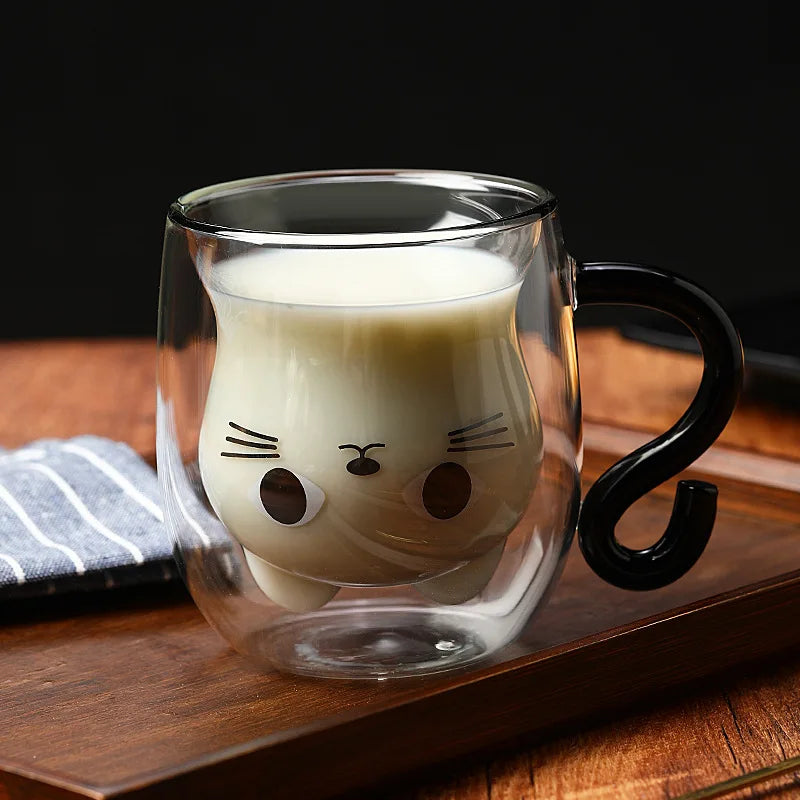 250ml Cartoon Cat Double Wall Glass Cute Coffee Tea Cup Heat-resistant Coffee Mug Handle Espresso Cup For Latte Cappuccino