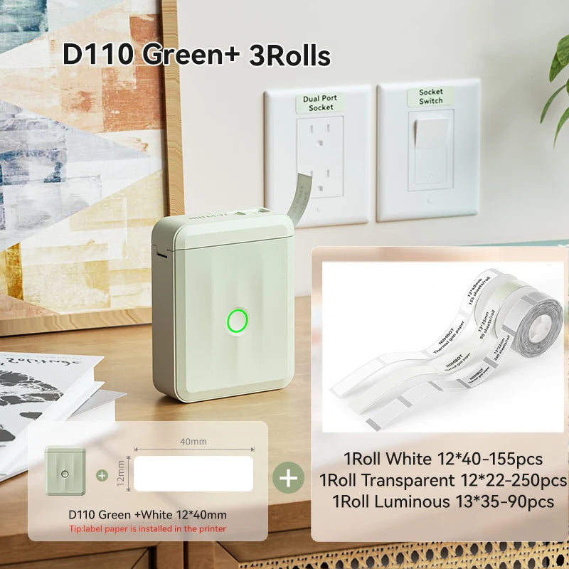 D110 Mini Thermal Label Printer, Bluetooth Portable Smart Label Maker 12–15mm, Inkless Sticker Printer for Home Office Kitchen School