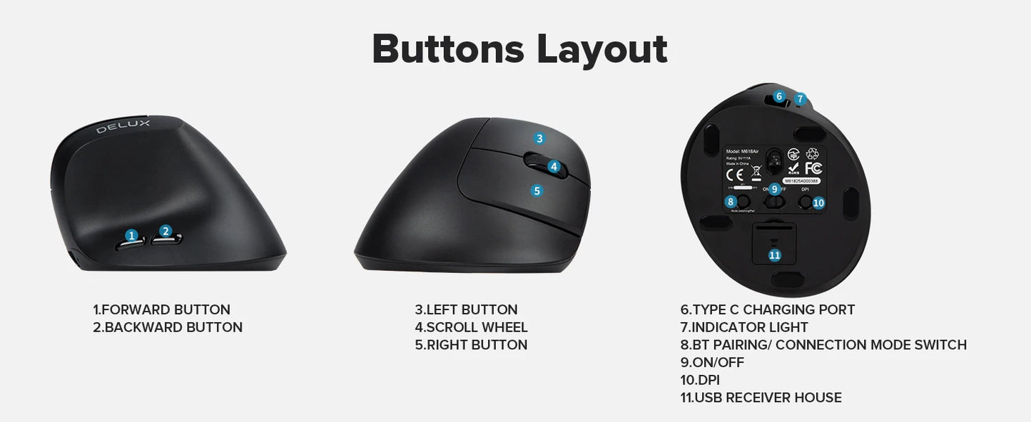 M618 Air Ergonomic Vertical Wireless Mouse – Rechargeable Silent Click, 2400 DPI