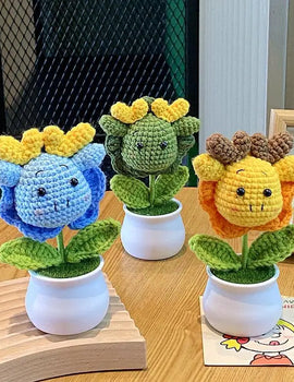 3 Pcs Handmade Crochet Dragon Flower Pot Home Room Decoration Finished Wool Knitting Office Desktop Ornament Christmas Birthday Gifts