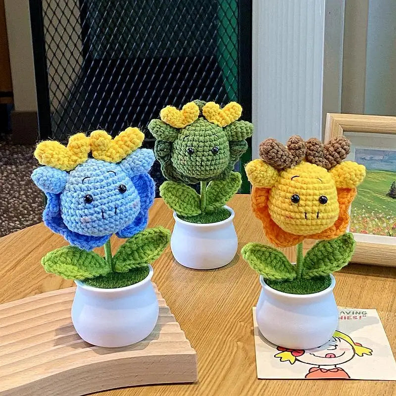 3 Pcs Handmade Crochet Dragon Flower Pot Home Room Decoration Finished Wool Knitting Office Desktop Ornament Christmas Birthday Gifts